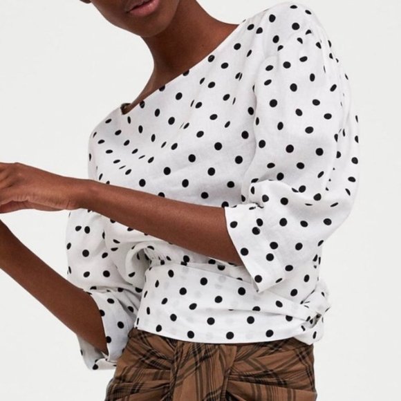 Zara Polka Dot Tie Back Wrap Linen Top Blouse - Picture 8 of 13
